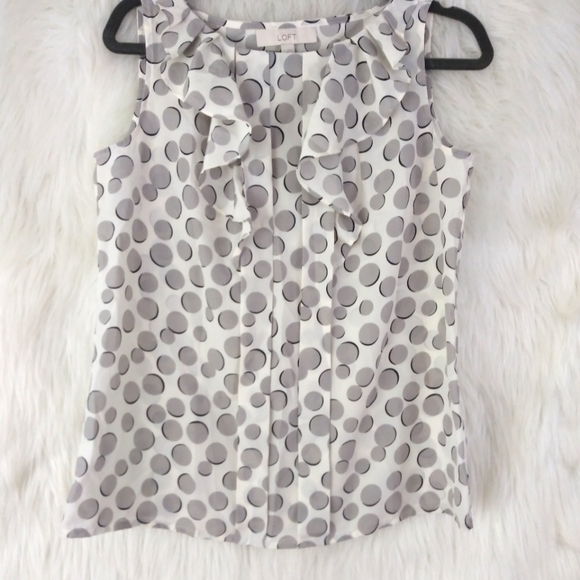 LOFT Tops - LOFT White and Gray Polkadot Sleeveless Ruffle Top
